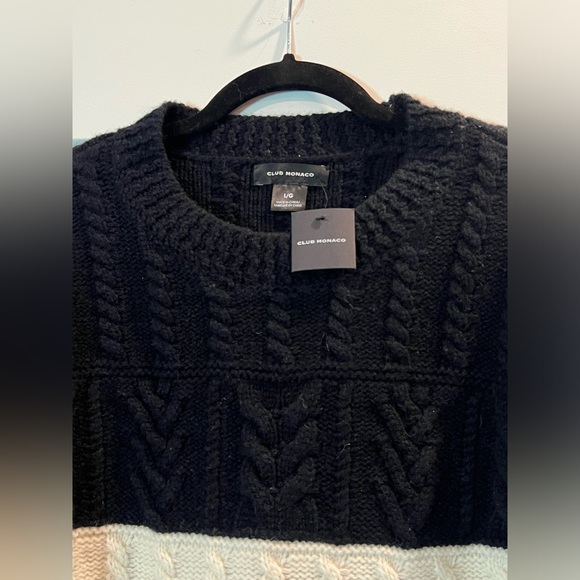 BNWT Club Monaco Structured Cable Crew Wool Sweater Black & White - Picture 7 of 8
